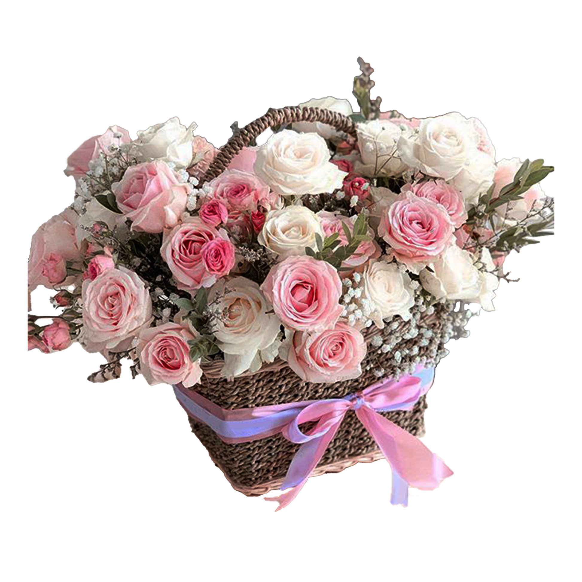 Basket Flower, Rose, Baby Breath